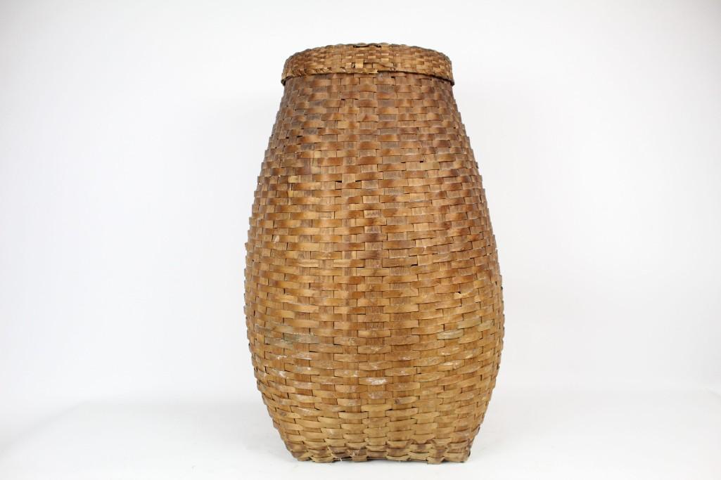 Antique Tall Woven Large Splint Feather Basket w/ Lid (1 of 8)