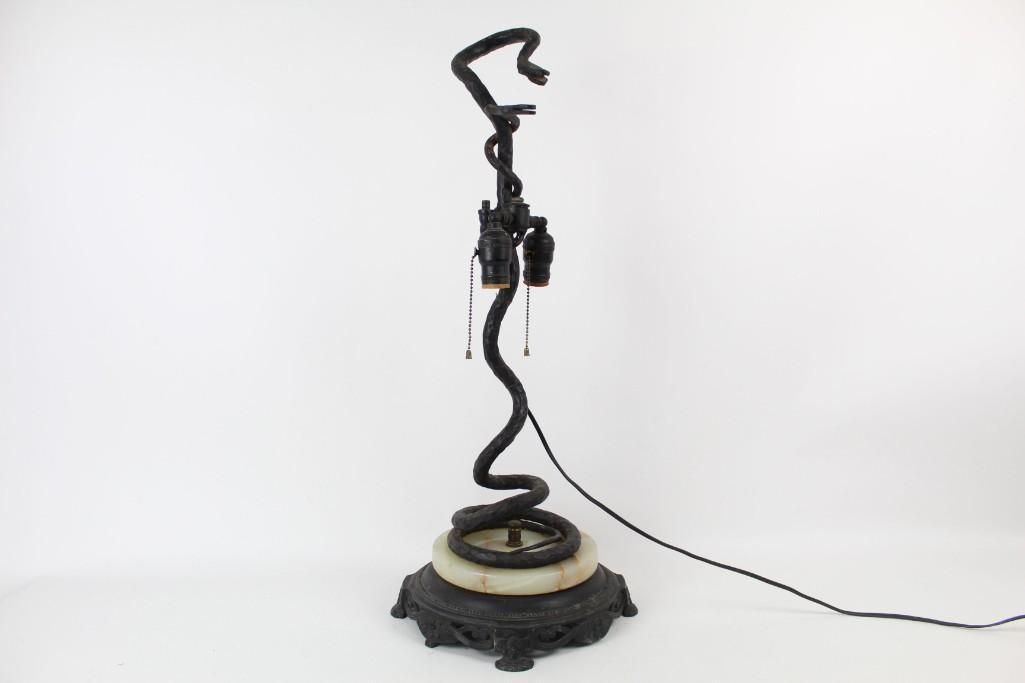 Antique Wrought Iron & Marble Snake Lamp, Arts & Crafts (1 of 9)