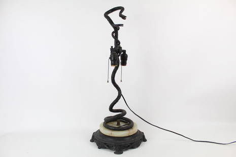 Antique Wrought Iron & Marble Snake Lamp, Arts & Crafts: Antique Wrought Iron & Marble Snake Lamp, Arts & Crafts. Intricate Ironwork detail in lamp base and jeweled snake eyes. Last photo is the lamp in its original estate. Dimensions are 29 in h x 11 in