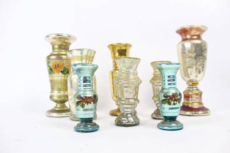 8 Antique Mercury Glass Vases w/ Hand Painted Flowers: Antique Lot of 8 Glass Vases w/ Hand Painted Flower Decoration. Gold, red, clear, & blue colored vases with different flower paintings on 5 out of 8. Slim openings on most and various sizes. 