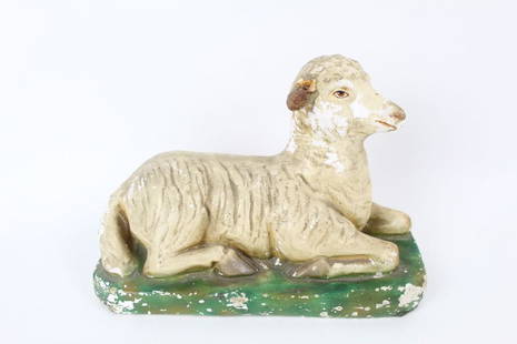 Antique Chalkware Figure Sheep Sitting,Folk Art Lamb: Antique Chalkware Figure Sheep Sitting,Folk Art Lamb lying in green grass. Delicately hand-painted, with exquisite detail given to the tiny figure's brown eyes, which perfectly match its relaxed