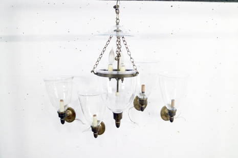 Set of Sconces & Glass Lantern Hanging Light Fixture: 4 Electric Metal & Glass Sconces & Matching Hanging Light Fixture. Metal is brass colored, and the lights are electric faux candles. Shades are clear glass. Each sconce holds a single light, and the