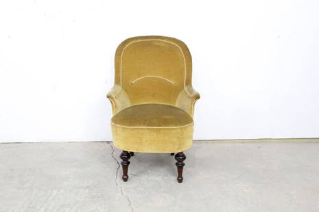 Victorian Parlor Slipper Chair Mustard Velvet Upholster: Victorian parlor or slipper chair upholstered in a mustard velvet. This very old chair looks great in a Victorian design and a mid century modern design. Dimensions are 33 in h x 21 in w x 30 in