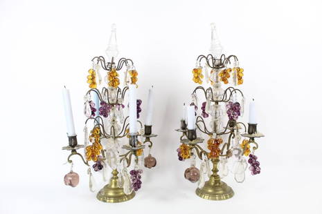 Pair of Antique Crystal Glass Fruit Brass Candelabras: Pair of Antique Crystal Glass Fruit Brass Candelabras, with crystal teardrop pendants and clusters of colorful orange and purple glass in grape, apple, ad other fruit-like shapes. Just imagine these