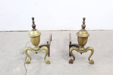 Pair of Antique 19thC Short Brass & Iron Andirons: Pair of small brass and iron andirons. This would be a classic piece to complete any fireplace. Dimensions are 13.5 in h x 7 in w x 17 in d. Condition is fair, with minor surface wear, rust, and a