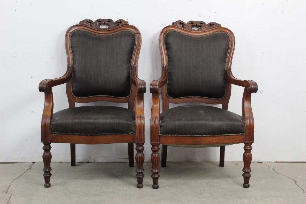 Pair Victorian Upholstered Carved Armchair Chairs (1 of 8)