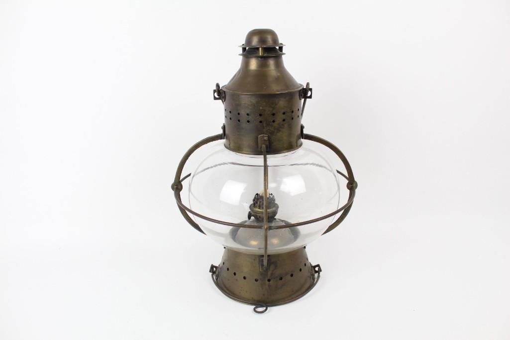 Antique Brass & Glass Hanging Oil Lamp Lantern (1 of 4)