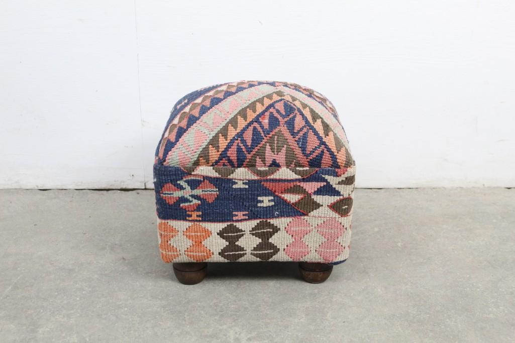 Kilim Upholstered Square Ottoman w/Turned Wood Legs (1 of 7)