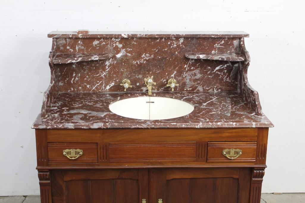 Antique Marble Top Sink Wooden Vanity w/Spigot, French (1 of 11)