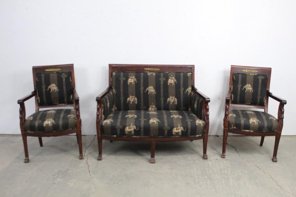 Set of Empire Carved Swan Upholstered Armchairs & Sofa: Matching Set of 2 Carved Swan Upholstered Wooden Armchairs & a Settee, in Empire style. Elegant set features wooden frames with arms carved to look like swan's heads, and claw feet. Center of each sea