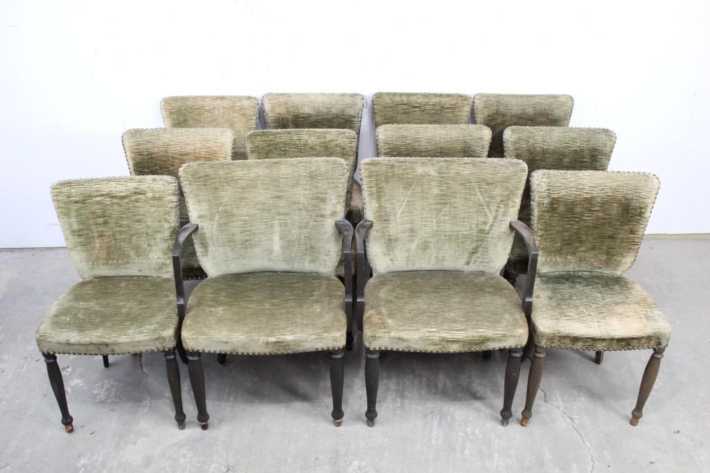 Set of 12 Antique Velvet Studded & Wood Dining Chairs (1 of 10)