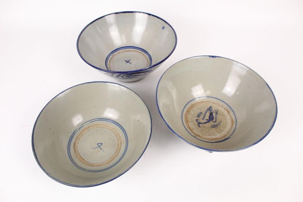 Set 3 Asian Glazed Pottery Stoneware Bowls w/Bird (1 of 6)