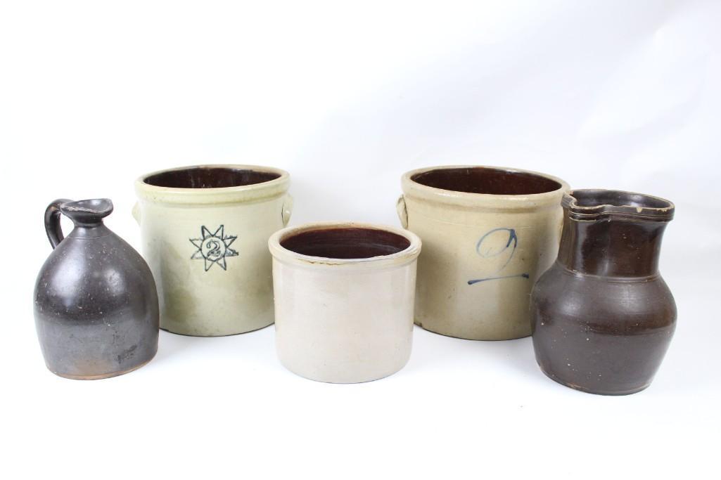 Lot of Stoneware,Blue Decorated 2gal Crocks & Pitchers (1 of 10)