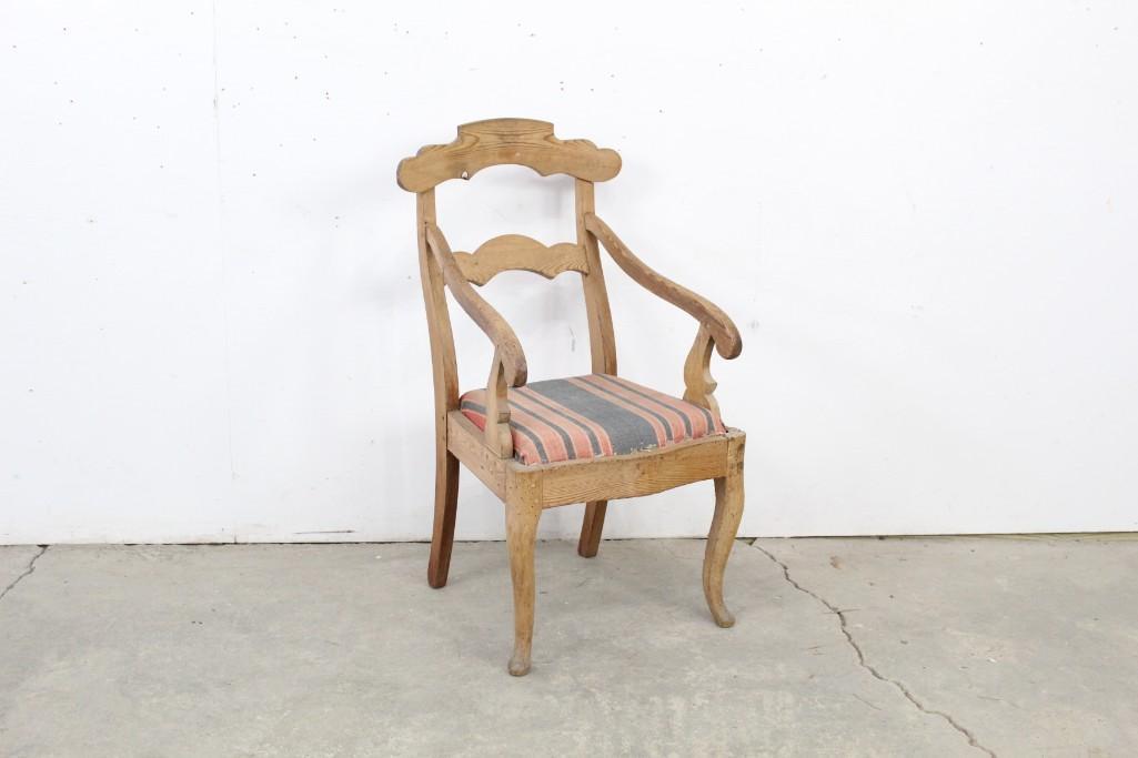 Antique Farm House Wood Arm Chair & Striped Upholstery (1 of 5)