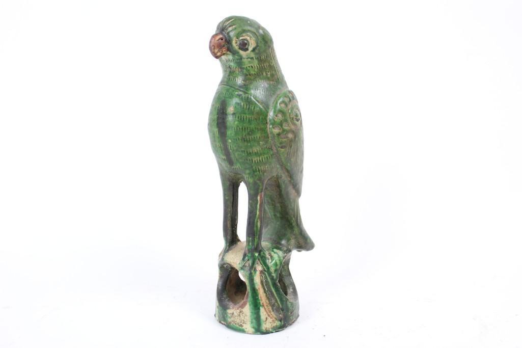Antique Chinese Terracotta Green Parrot Roof Tile: Antique Chinese Terracotta Green Glaze Parrot Roof Tile. Made during the Qing Dynasty, this terracotta Parrot has a deep green Sancai glaze applied. These figurines were put on roofs for the purpose o