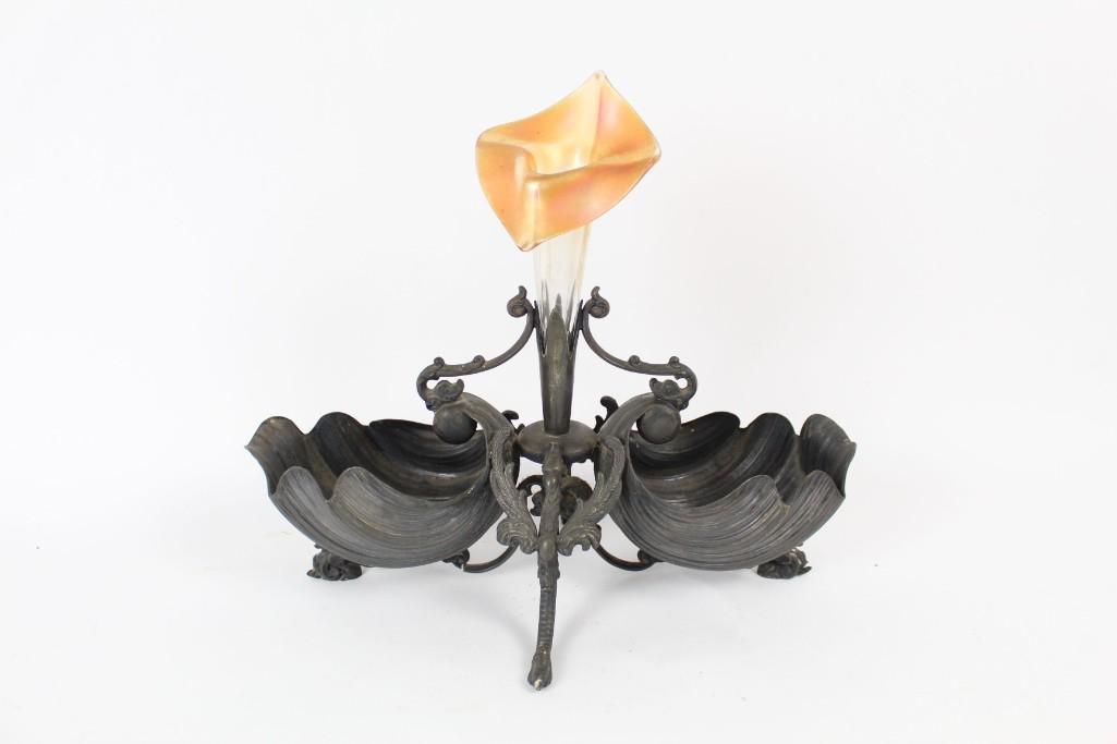 Antique Silverplate Sea Shell Dish w/Art Glass Bud Vase (1 of 10)