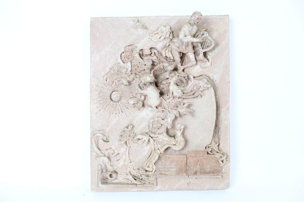 Antique Pottery Plaque of Orpheus Surrounded by Beasts: Relief Pottery Plaque of Orpheus Surrounded by Beasts. Wow! This beautiful piece exhibits the legendary musician and poet Orpheus standing on top a tree, playing his lyre and singing to the animals su