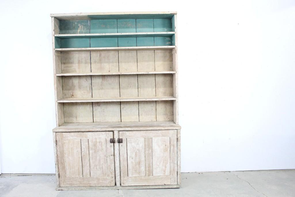 Large Painted White Wood Stepback Cupboard, Farm House (1 of 7)