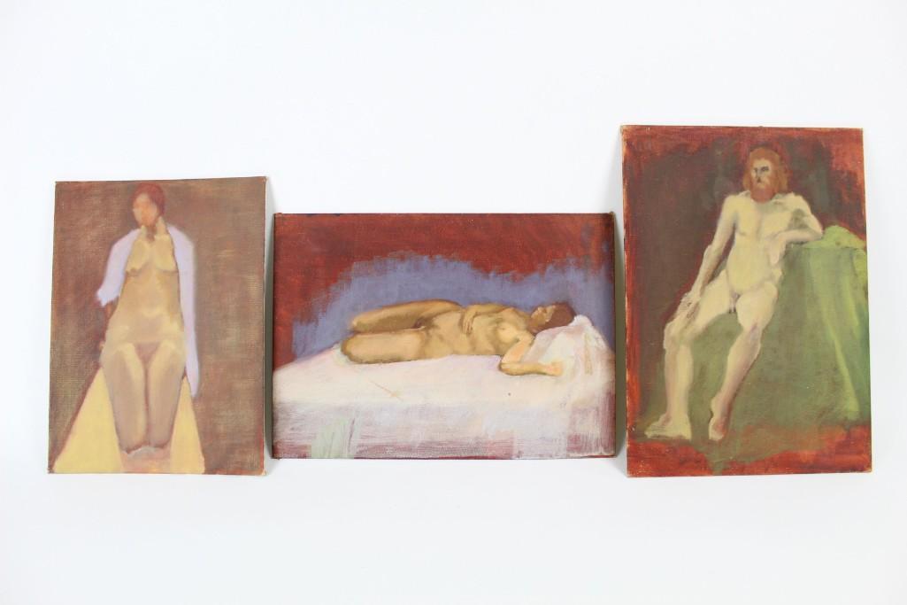 Lot of 3 Nude Paintings on Board, Male & Female,Abstrac: Lot of 3 Nude paintings on canvas. One painting depicts a man reclining on a green chair, and the other two depict a women reclining and laying featuring a red and purple color pallette. These would l