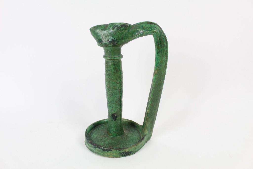 Arts & Crafts Green Pottery Candlestick, Ohr Style (1 of 7)