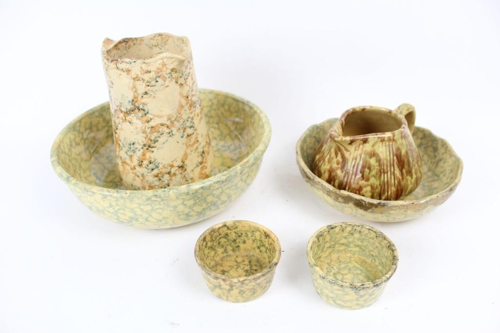Lot of Spongeware Pottery Bowls,Ramekins & Pitchers (1 of 10)