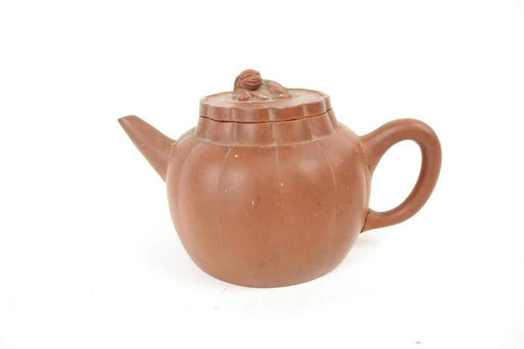Chinese Yixing Red Clay Tea Pot w/ Foo Dog Lid,Melon (1 of 7)