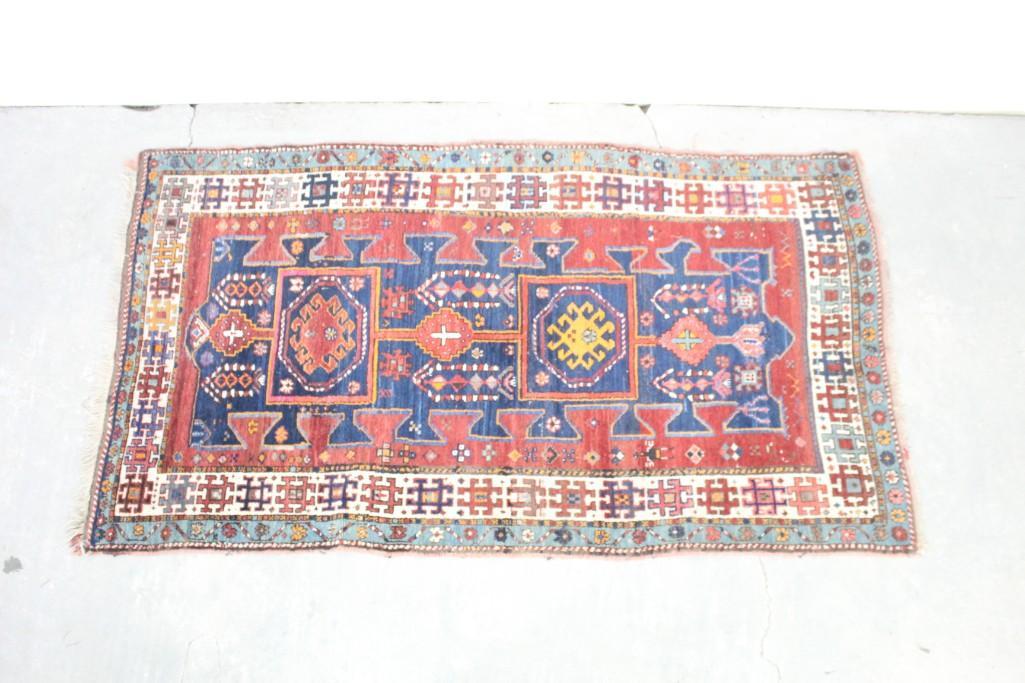South Caucasian Area Rug with Blue Boarder and Flowers (1 of 7)
