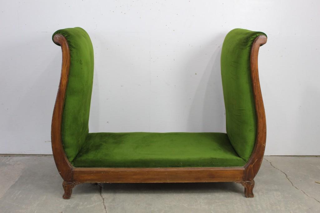 Unusual Antique Green Velvet Wood Sleigh Settee Daybed (1 of 9)