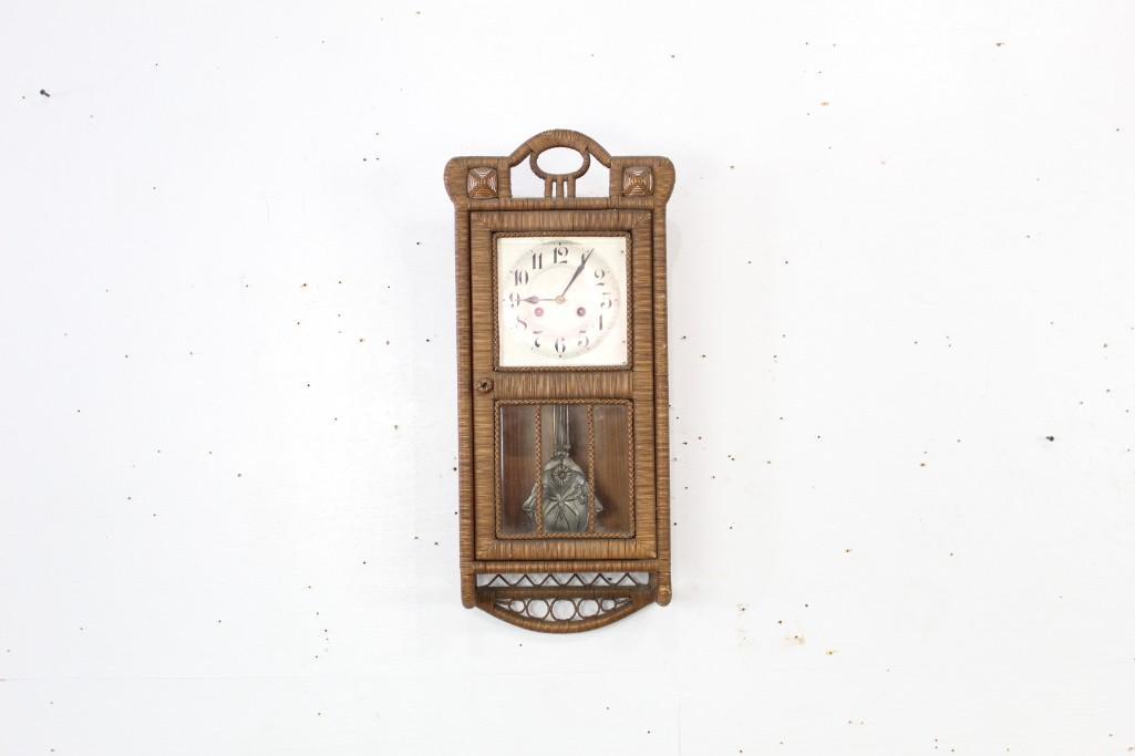 Art Deco Rattan Wicker Key Wound Pendulum Wall Clock (1 of 8)