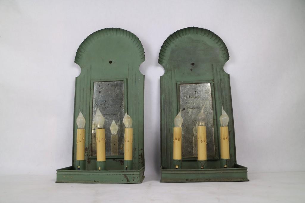 Pair Antique Green Tin Mirror Electric Candle Sconces (1 of 6)