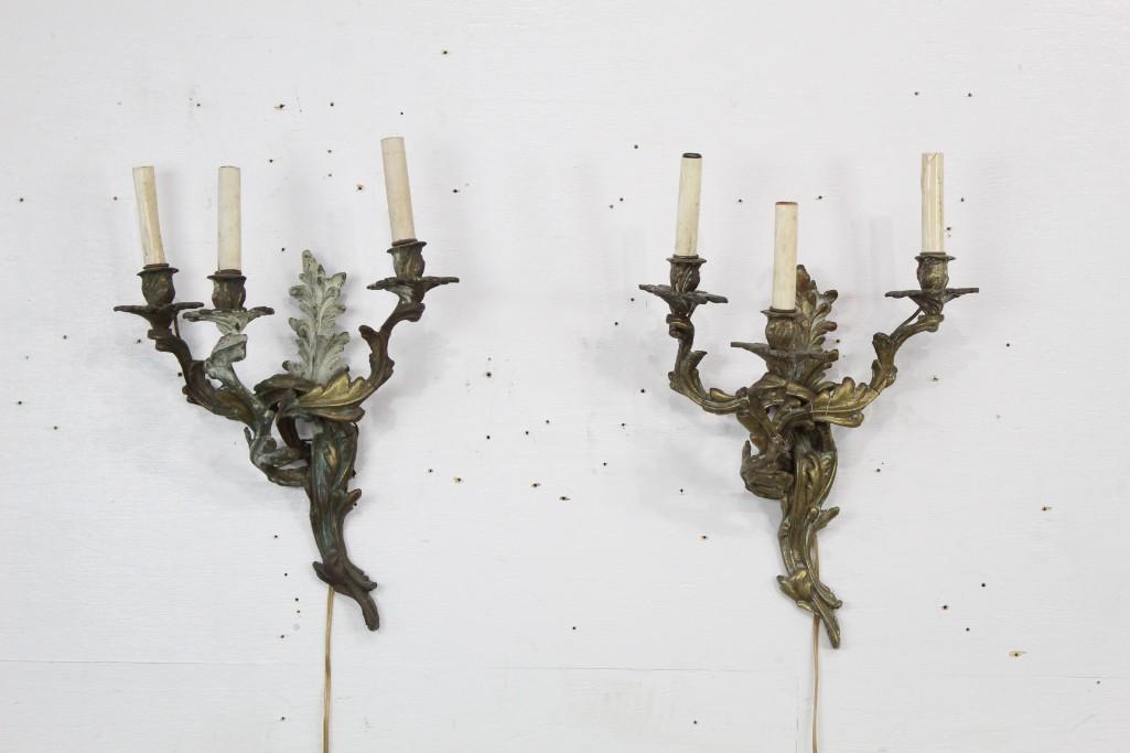 Pair of Antique Bronze Sculpturl Leaf Sconces w/Patina (1 of 8)