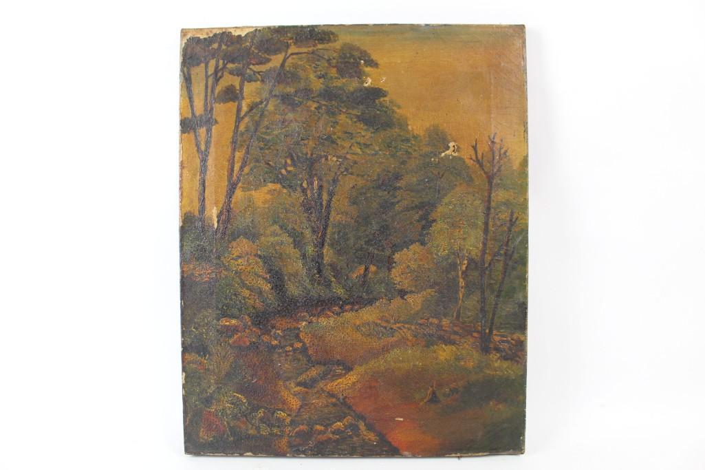 Antique Oil Painting on Canvas,Landscape,Aligator Surfa: Antique oil painting on stretched canvas, depicting a forest scene along a babbling brook. No signature visible. This forest scene would look at home in a historic house, nestled in the woods. Dimensi