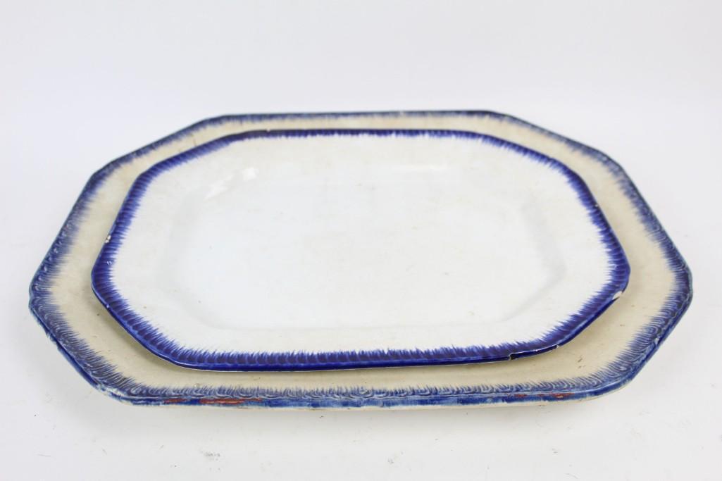 Pair of Antique Blue Feather Ironstone Platters 19th C (1 of 9)
