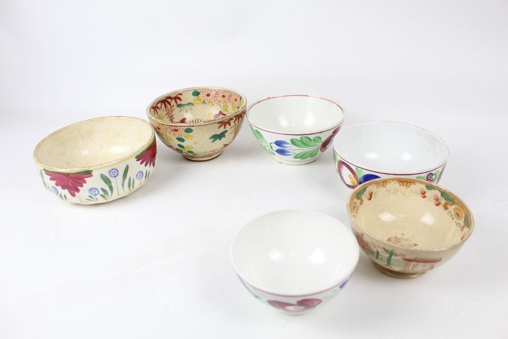 Lot of 6 Antique Colorful Hand Painted Pottery Bowls (1 of 14)