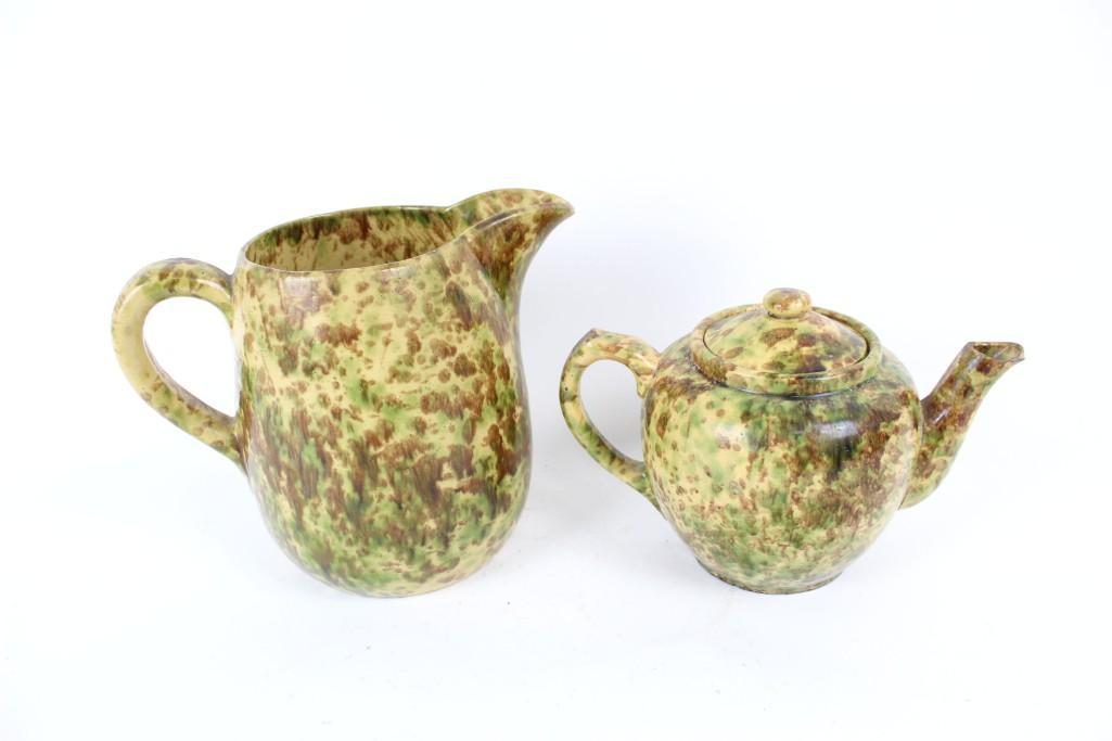 Antique Spongeware Pitcher & Tea Pot,Green & Brown (1 of 10)