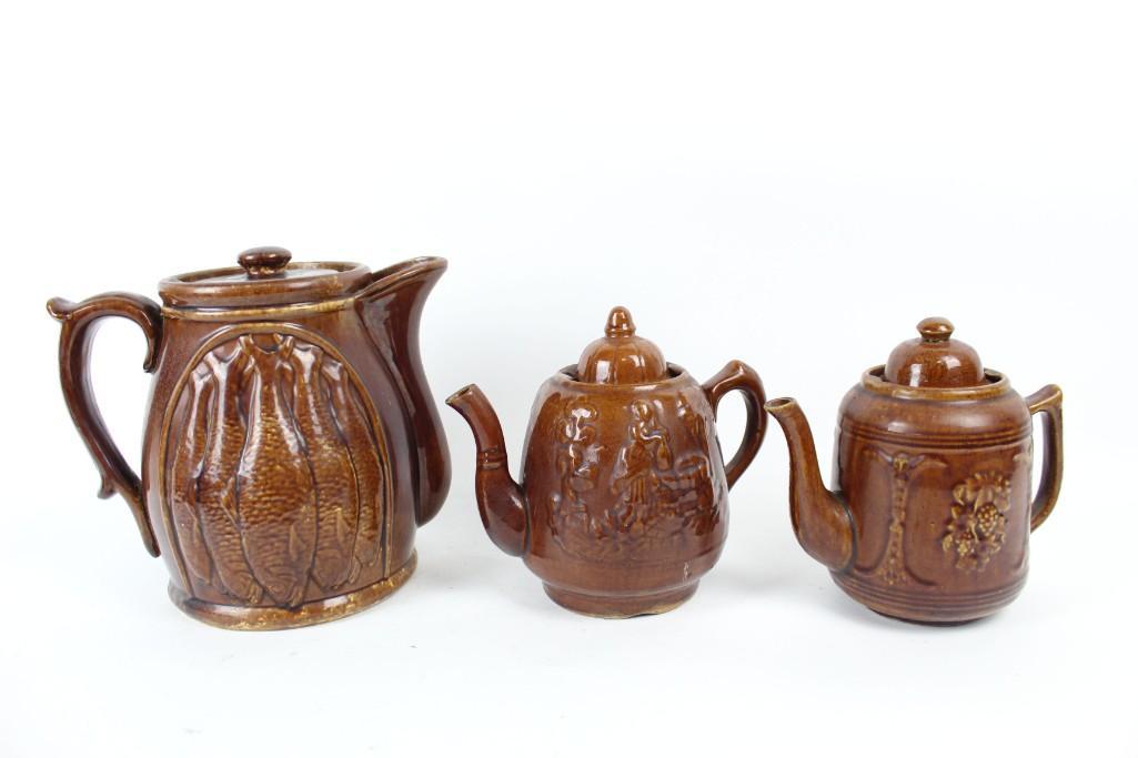 3 Antique Rockingham Pottery Tea Pots/Pitcher,Fish (1 of 17)