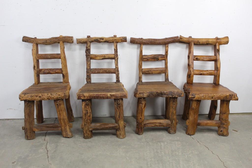 Set of 4 Heavy Root Wooden Chairs, Primitive Log Cabin (1 of 5)