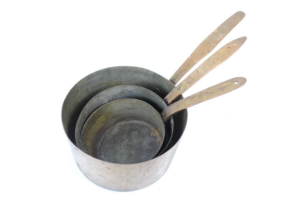 Set of 3 Antique Copper Cooking Pots with Handles,Stack (1 of 10)
