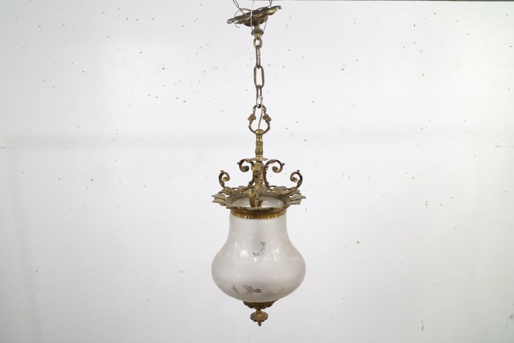Antique Etched Glass & Metal Pendant Light Fixture (1 of 7)