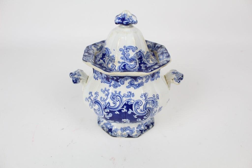 Antique 19th c WR. S. & Co. Granite China Lidded Tureen: Antique blue and white lidded tureen, marked WR. S. & Co on underside, for William Ridgway Son & Co., who operated an earthware manufacturing company in Stoke upon Trent, England, from 1838 to 1847. P