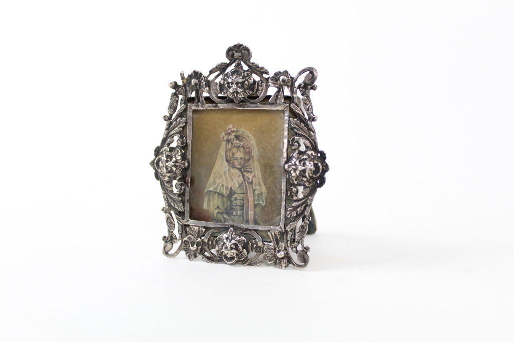 19thC Silver Frame Miniature Painting,Folk Art Portrait (1 of 5)
