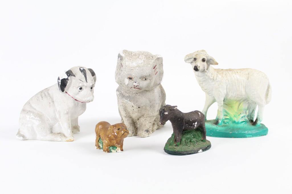 5 Chalkware Animal Figurines,Cat,Dog,Bulldog,Sheep,Mule (1 of 11)