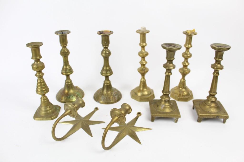 Lot of 7 Brass Candlesticks & Mid Century Wall Sconce (1 of 10)