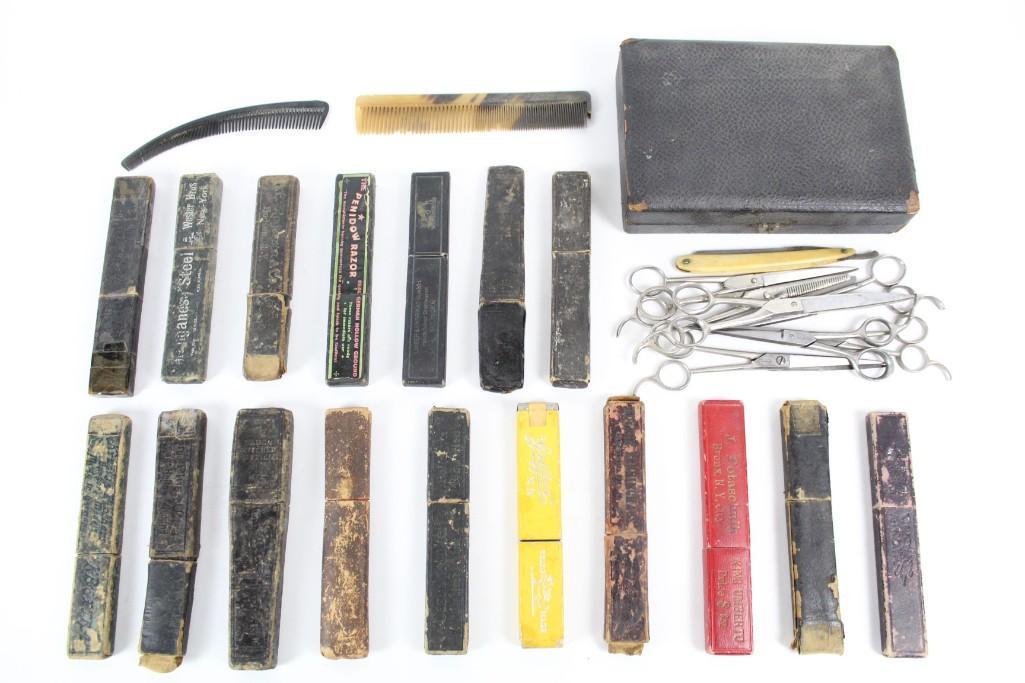 Large Barber Shop Lot Scissors & Straight Razors w/Boxe (1 of 8)