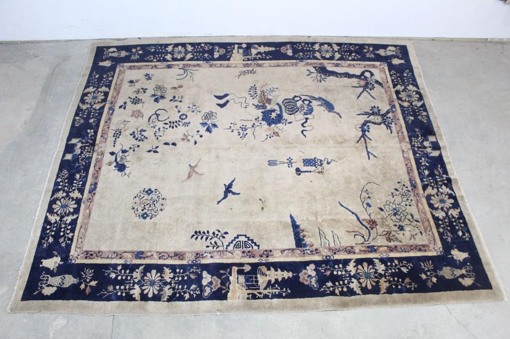 Huge 9ft+ Blue & Cream Asian Chinoiserie Motif Area Rug (1 of 9)