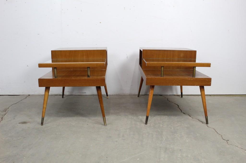 Pair Wood & Glass Mid Century Modern Step End Tables (1 of 6)