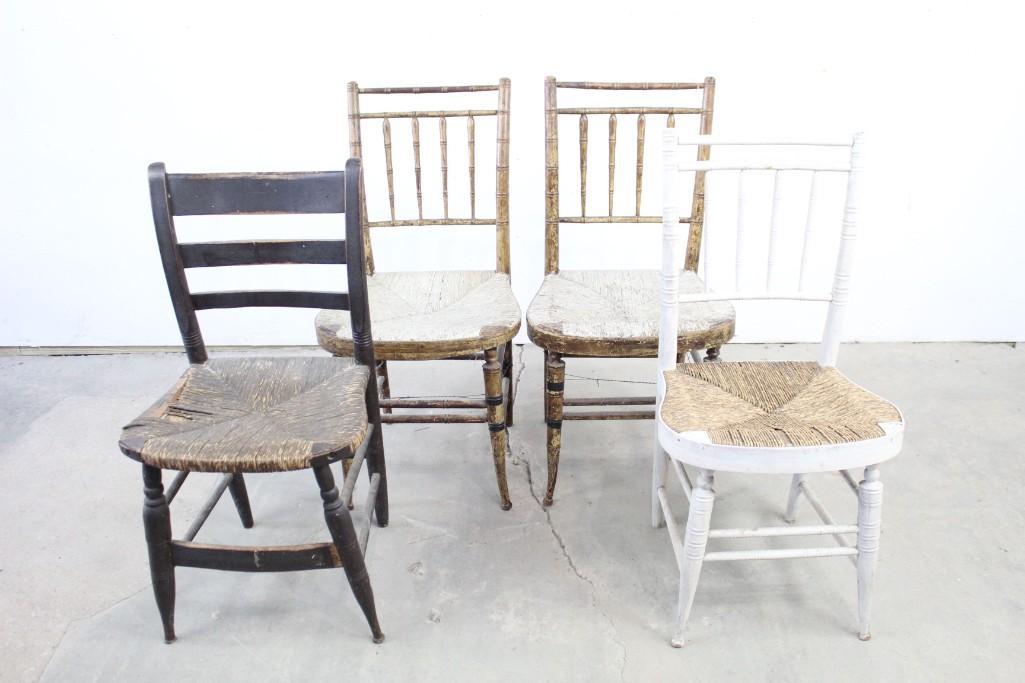 Lot of 4 Antique Chairs,Birdcage Windsor, Bamboo: Lot of 4 Antique Wood Chairs with rush seats. 2 are Faux Bamboo, one is Faux Bamboo which has been painted white, and one is dark wood with turned legs. These chairs would be useful when extra seating
