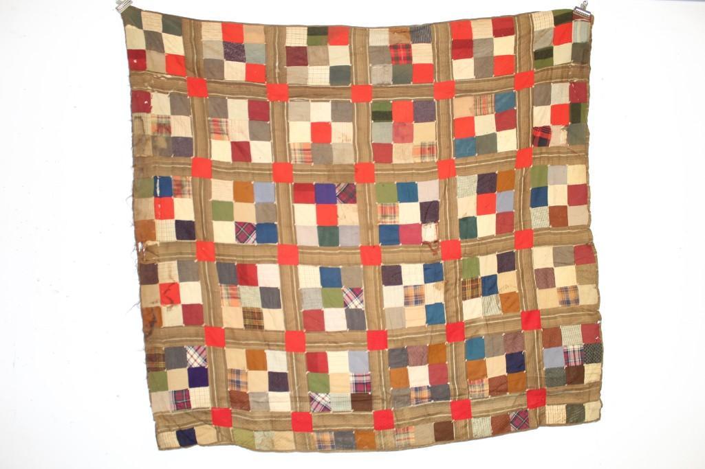 Antique Square Patch Patterned Quilt Red,Brown,Striped (1 of 16)