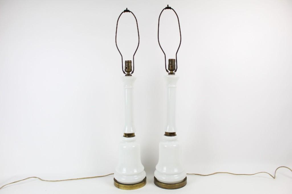 Pair of Tall Opaline Glass Table Lamps w/Brass Band & B (1 of 6)