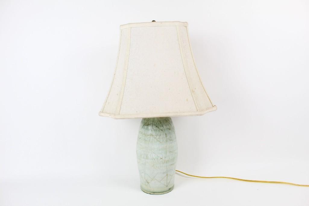 Green Ceramic Table Lamp w/ White Octagonal Shade (1 of 6)